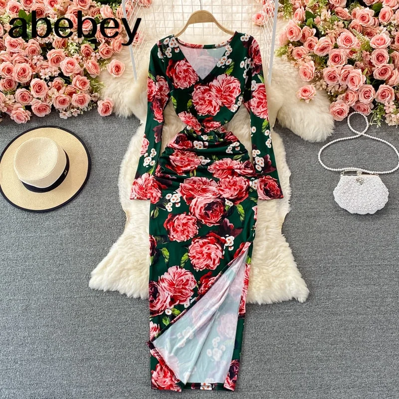 2023 New Spring Autumn Women Vintage V-Neck long sleeve Dress high waist pleated elastic skinny Print Long Wrap split Dress