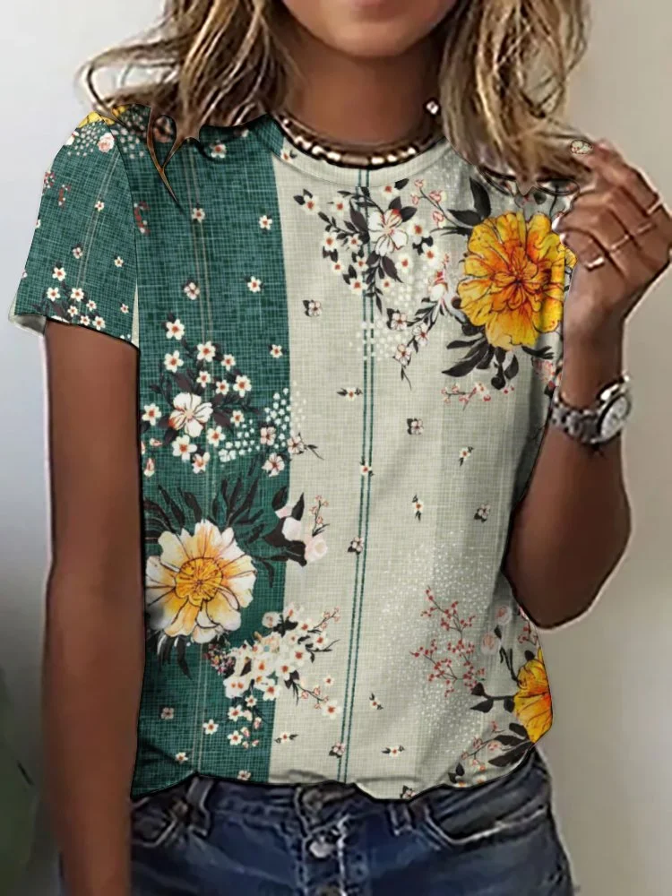 Printed Short Sleeve Casual T-shirt for  Women and Men Unisex Pattern Floral,Pink,Green,Stitch