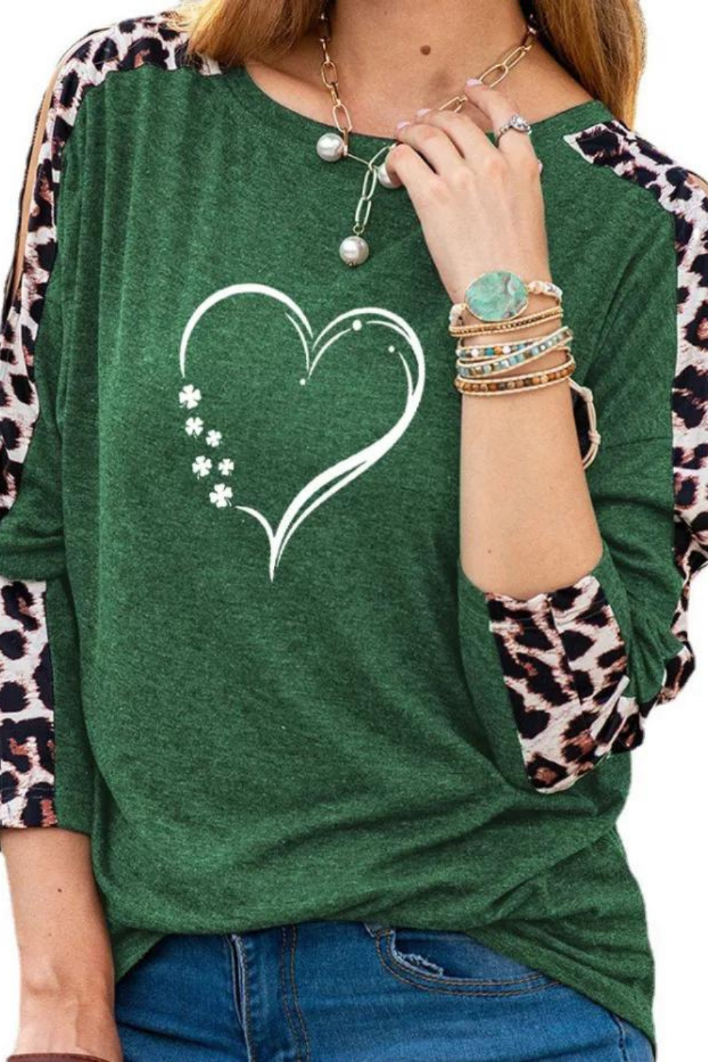 Four Leaf Clover Sweatshirt Heart Image Women's Long Sleeve St Patrick's Day Top