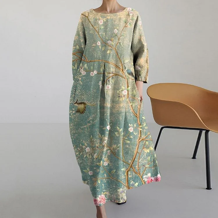 VChics Vintage Floral Print Casual Midi Dress