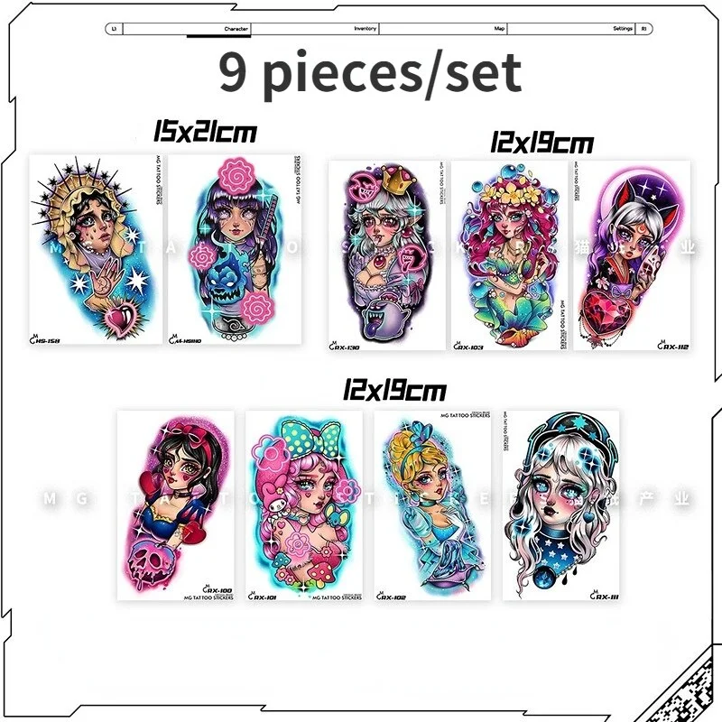 Sdrawing 9 Pieces/Set Fantasy Goddess Beautiful Color Flower Arm Sexy Cartoon Waterproof Anime Girl Tide Brand Tattoo Stickers