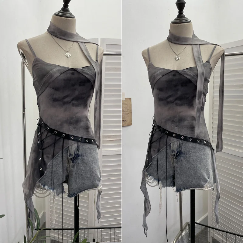 Uveng Spice Girls Newspaper Tie-Dye Printing Net Waste Vest Irregular Rope Ribbon 1197