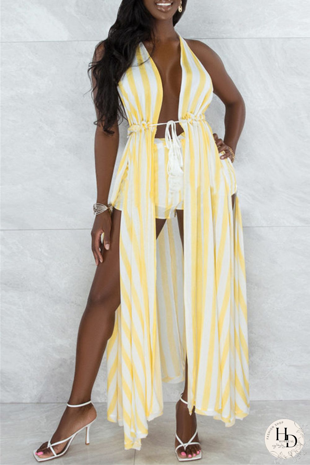 Royal Blue Fashion Sexy Print Bandage Backless V Neck Sleeveless Two Pieces