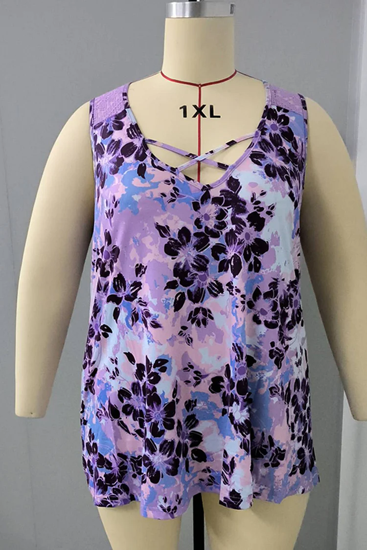 Plus Size Cross Strap Floral Print Lace Stitching Casual Tank Top  Flycurvy [product_label]