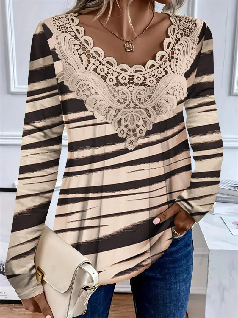 Women's Long Sleeve Scoop Neck Striped Printed Lace Stitching Top