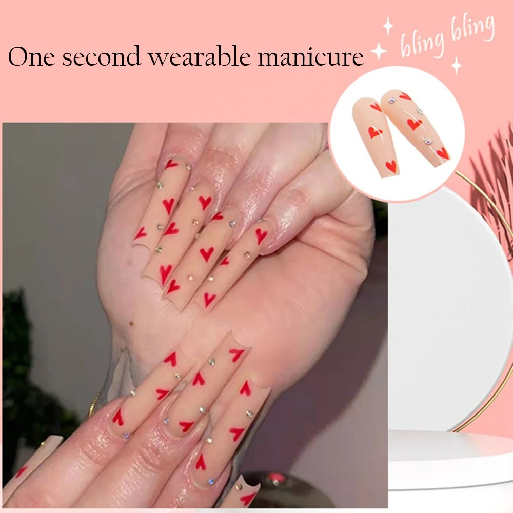 24pcs Ballet Fake Nails Coffin Head Pink Color Press On Nail Art tips with 3D Heart And Bow Design French Style Girl False Nails-Nail Inspo