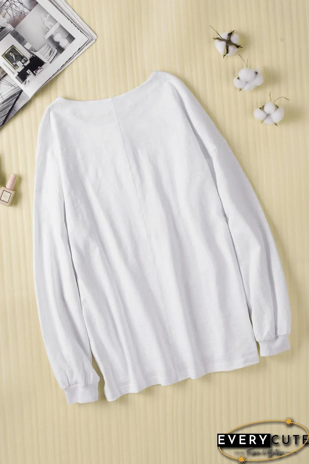 White Solid Color Buttoned Front Long Sleeve Top
