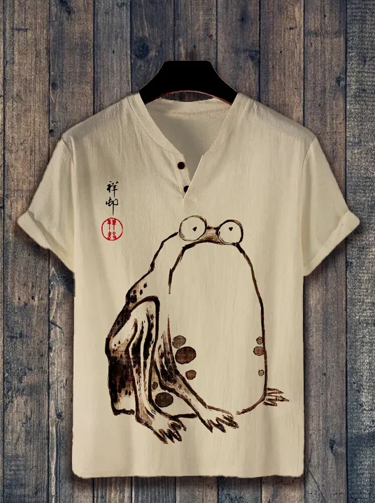 Men's Depressed Frog Art Print Short Sleeve Henley Tee
