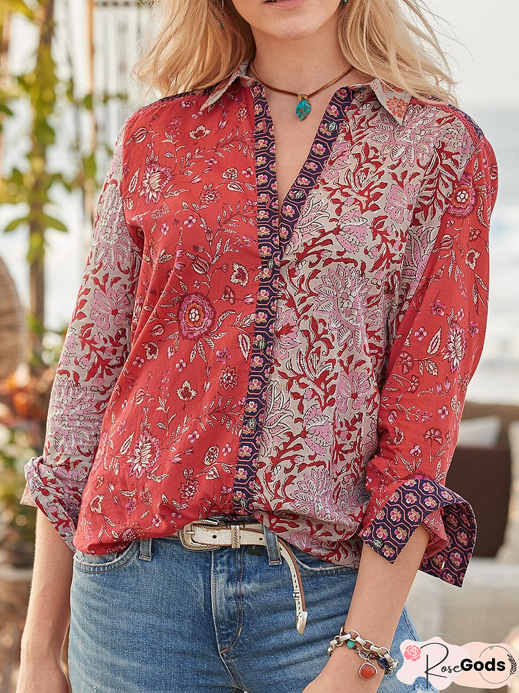 Shirt Collar Floral Loosen Long Sleeve Blouse