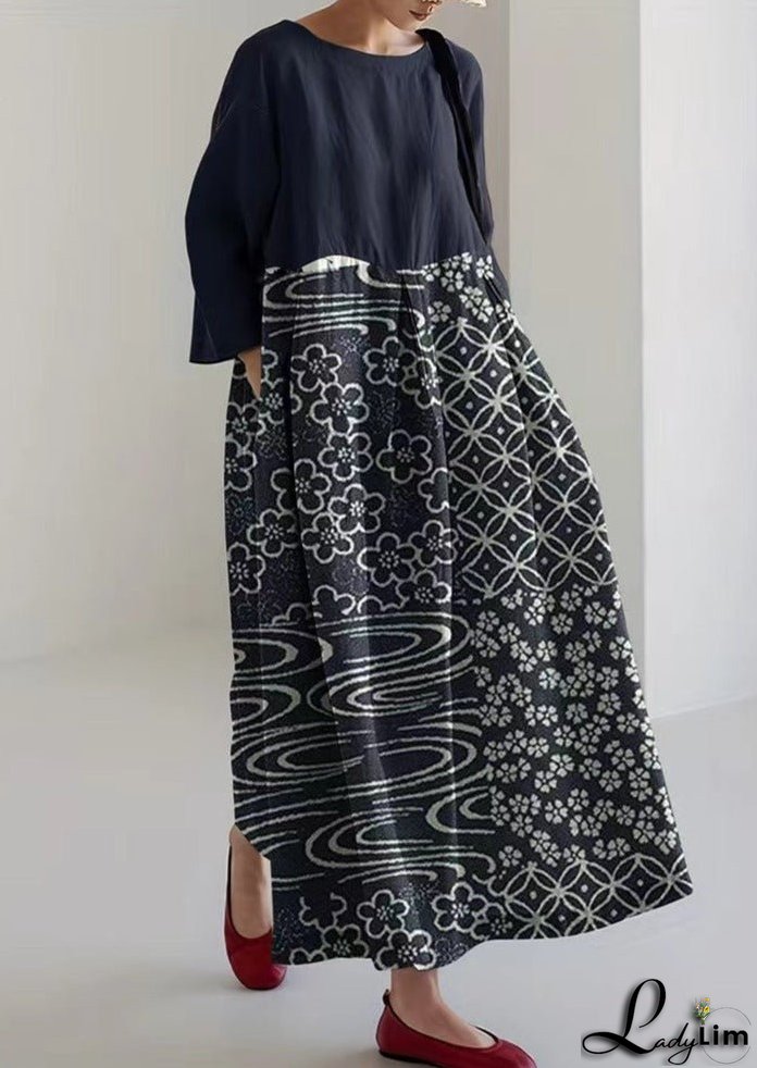 Deep Blue Floral Cotton Dresses Pockets Patchwork Summer