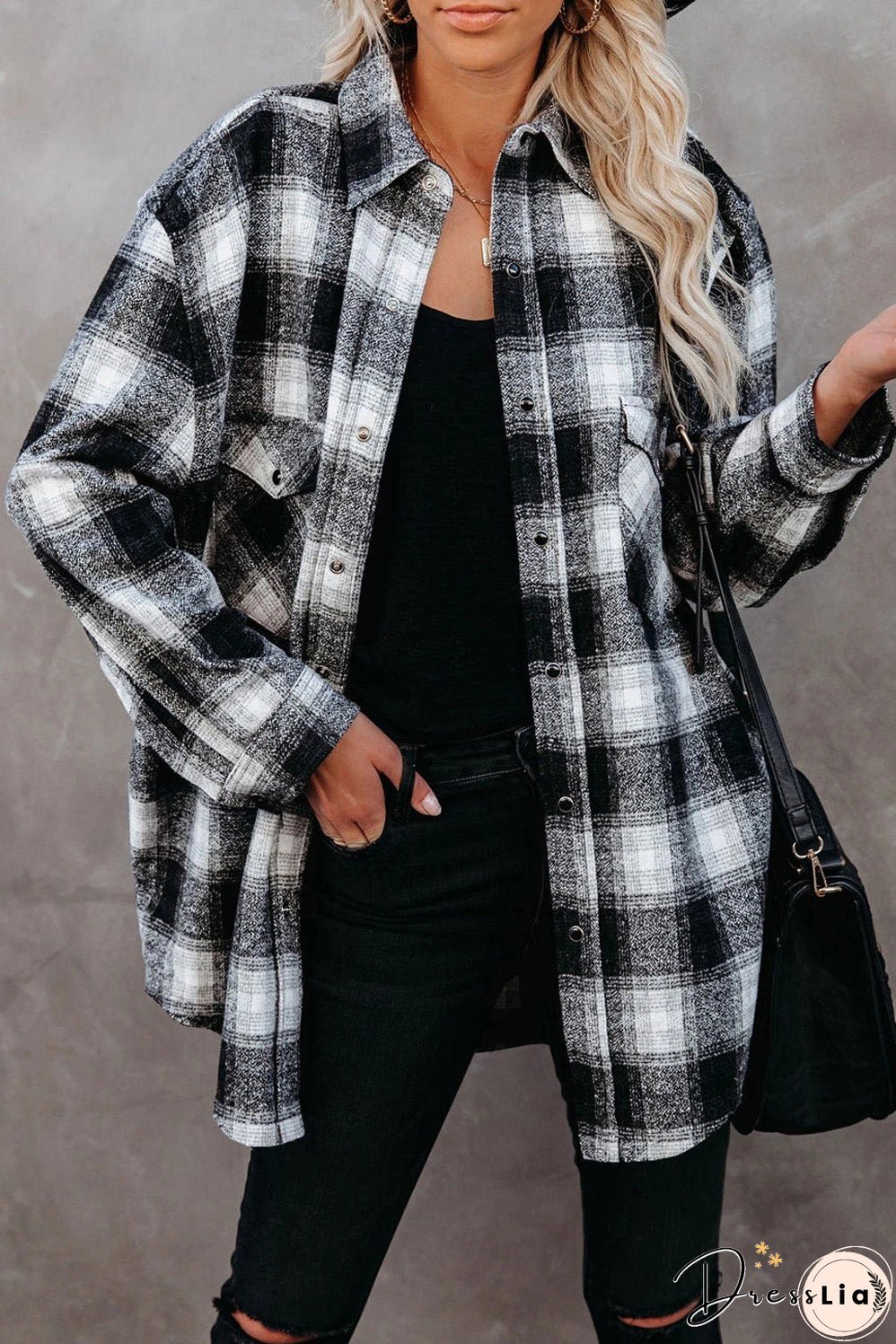 Winter Outfits Black Buttons Pocketed Plaid Shacket