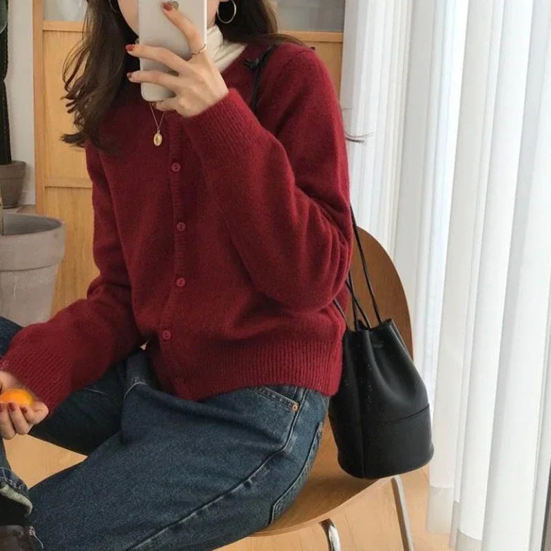 Aiertu Cold Weather Outfits Fall Solid Color Knitted Cardigan Women Korean Single Breasted Long Sleeve Jumper Woman Round Neck All Match Sweater Outwear Top Aiertu