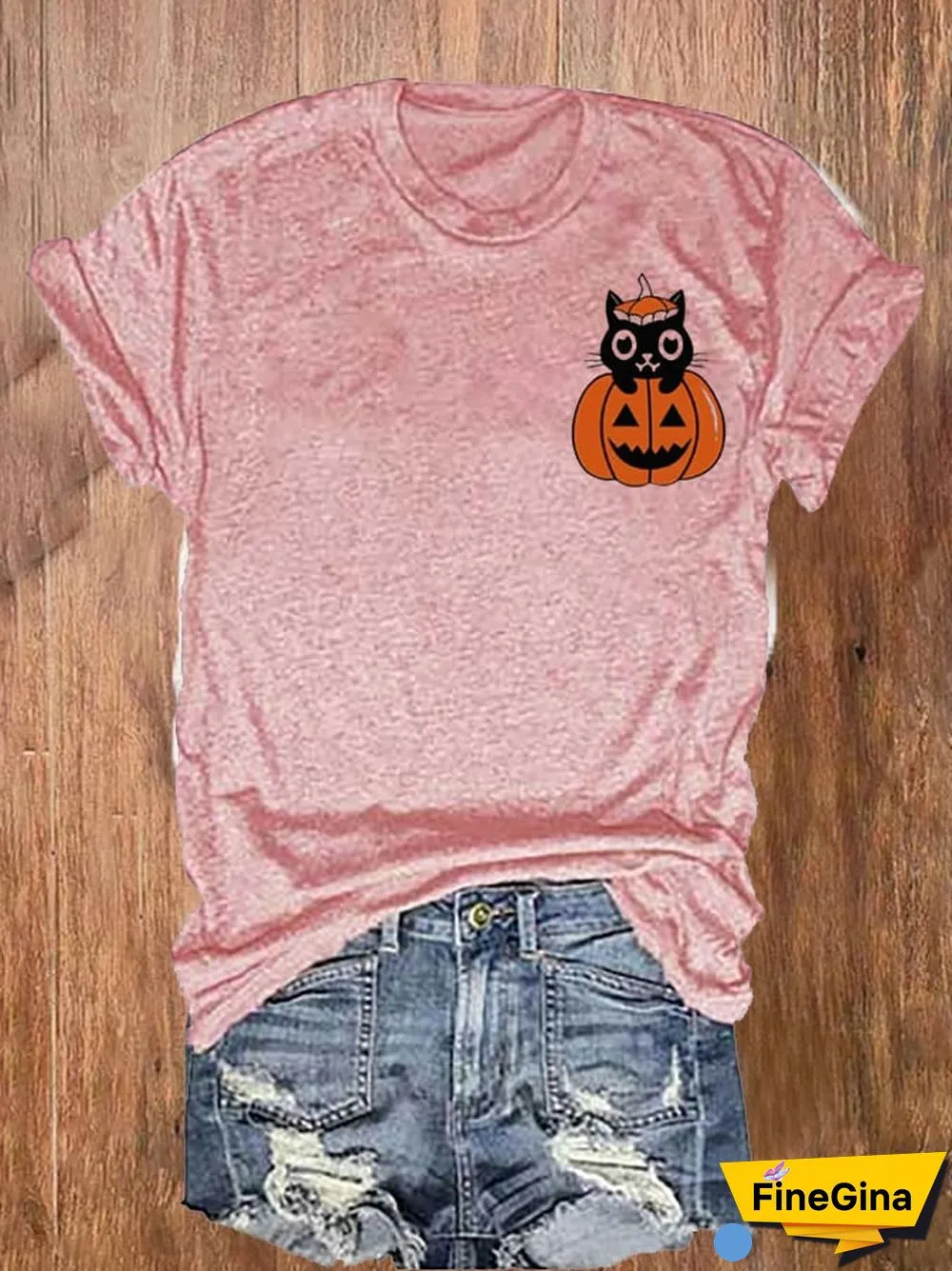 Women's Pumpkin Cat Halloween Printed Short Sleeve T-Shirt