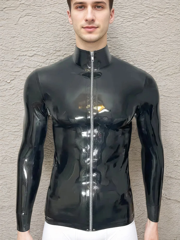 Men Latex Tops Black Long-Sleeve High-Collar