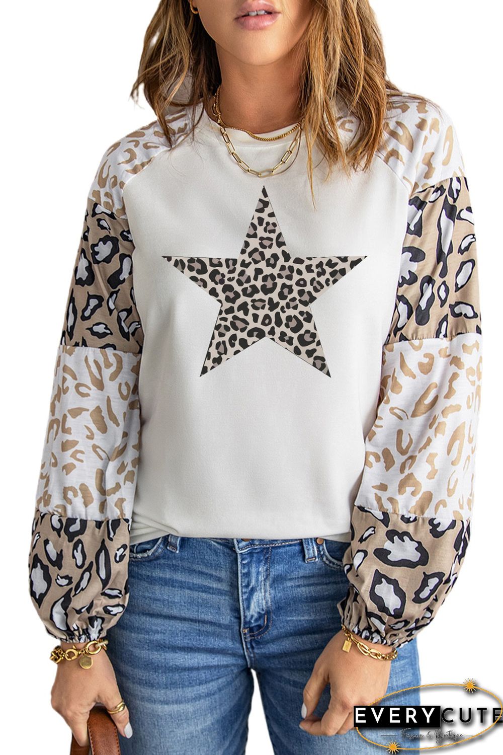 Star Leopard Color Block Long Sleeve Top