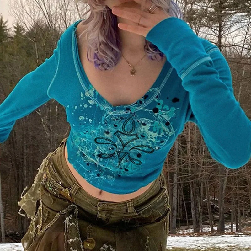 Rapcopter Grunge Fairycore Crop Top Graphic Printed Blue T Shirt Blue Long Sleeve Knitted V Neck Pullovers Women Kawaii Harajuku