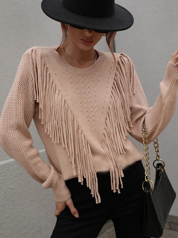 Original Long Sleeves Loose Tasseled Solid Color Round-Neck Sweater Tops