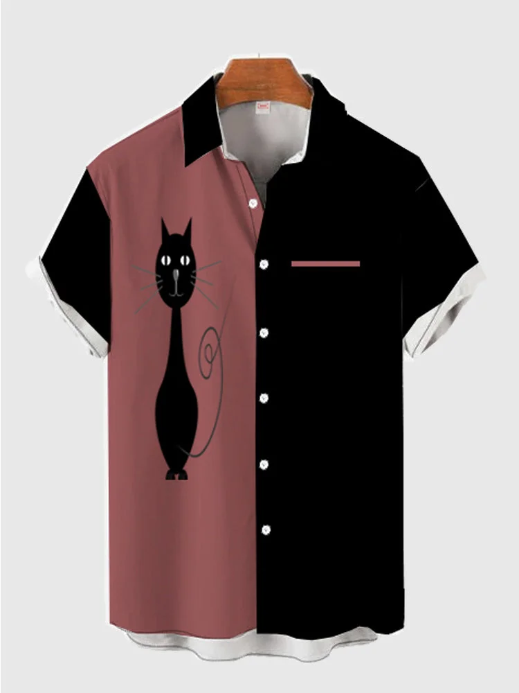 Contrast Color Stitching Cartoon Black Cat Printing Men's Short Sleeve Shirt