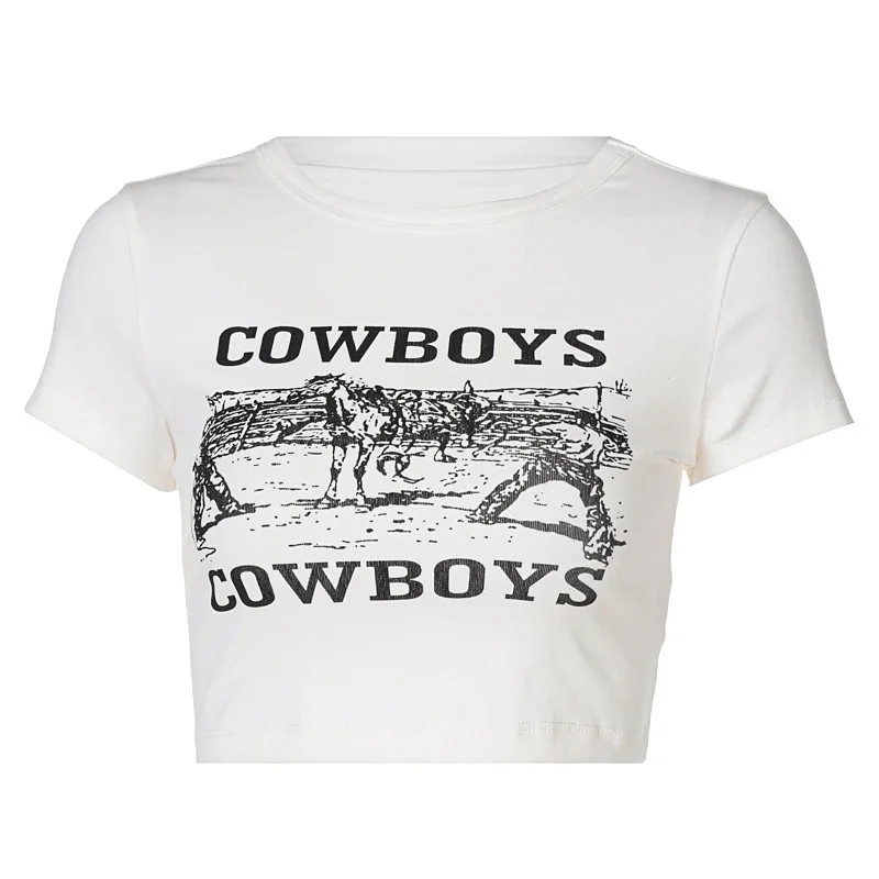 Zingj Women's Clothing Ins Wind 2024 Summer New Women's Round-Neck Short Tight Letter Printing T-Shirt Direct Sales