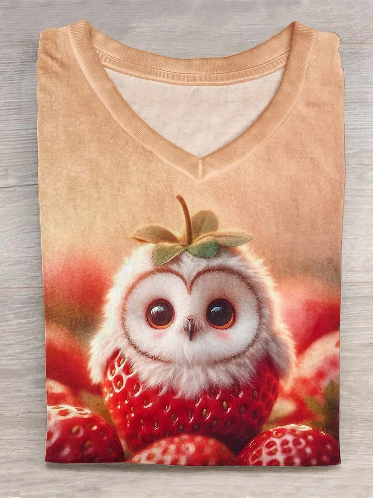 Funny Strawberry Owl Animal Art Print Casual T-shirt