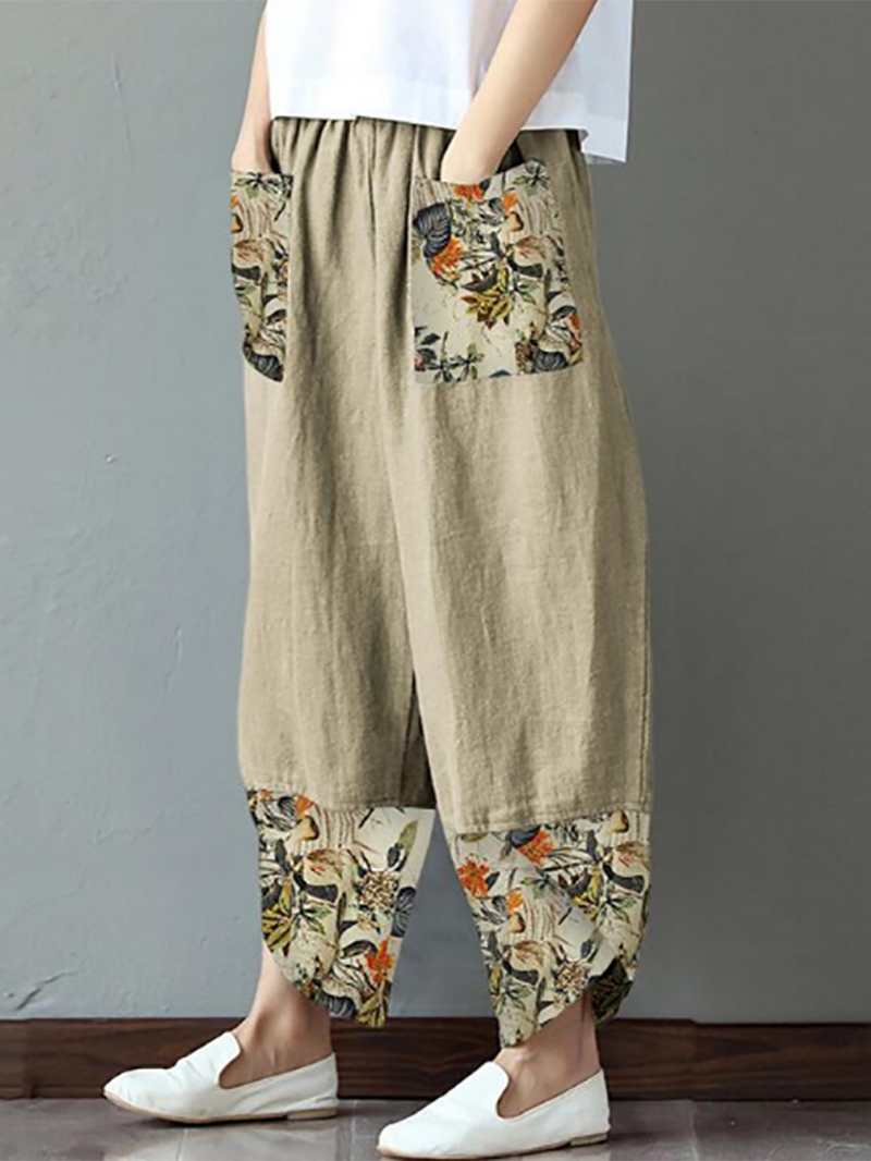 Printed Patchwork Cotton Linen Wide Leg Pants Loose Women's Pants