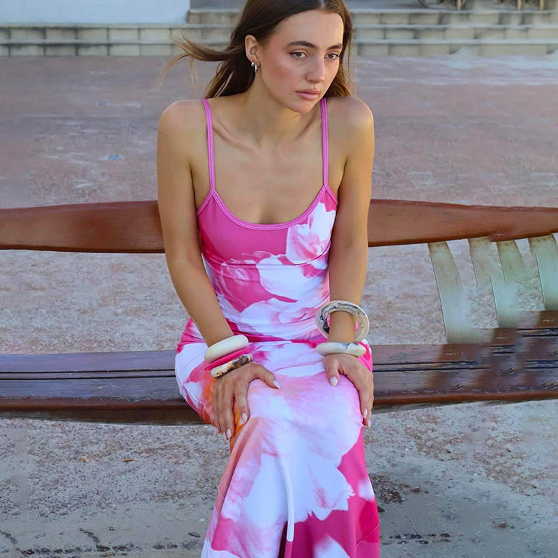 Ootddress Contrast Spaghetti Slim Maxi Dress Female Printed Off-Shoulder Fashion Holiday Beach Dress Patchwork Summer Party Dress