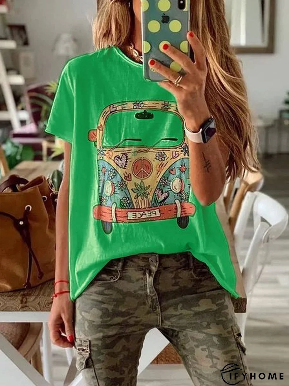 Women Short Sleeve Round Neck Print Cotton Casual Top | IFYHOME