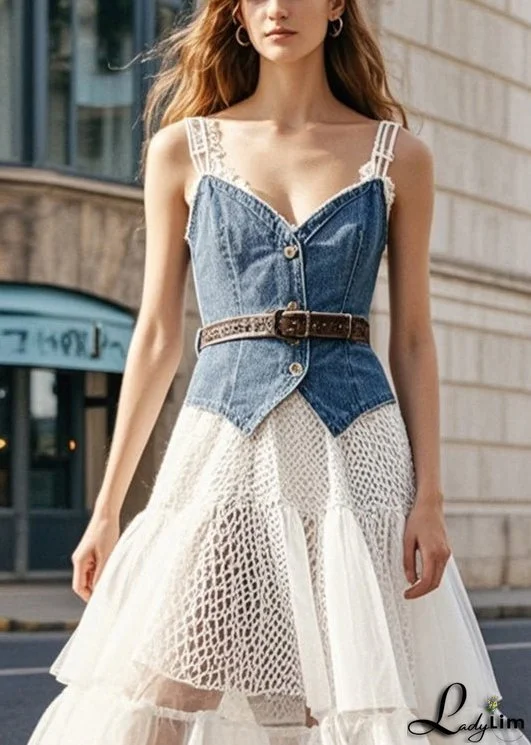 Casual Denim Blue Cinched Patchwork Tulle Vacation Dresses Summer