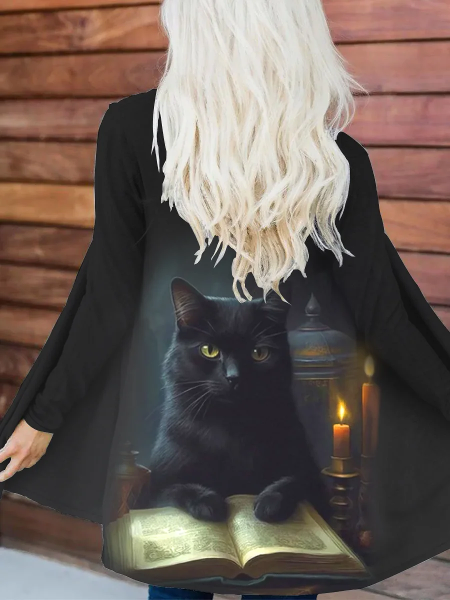 Women's Black Cat Halloween Casual Long Sleeve Cardigan