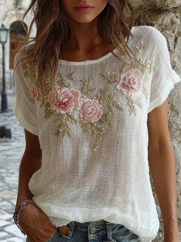 Frauen-Blumen-Stickerei-Muster Leinen-Mischung-Shirt