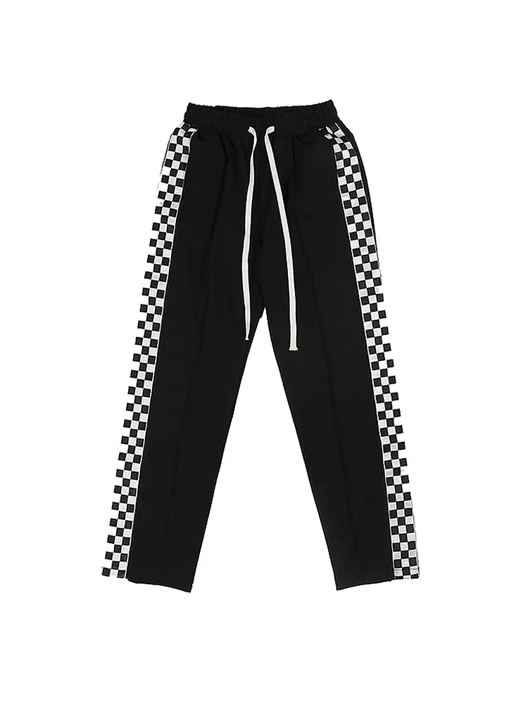 Checkerboard Side Split Straight Leg Sweatpants Hip-Hop Drop Feeling Stacked Drawstring Casual Pants Men