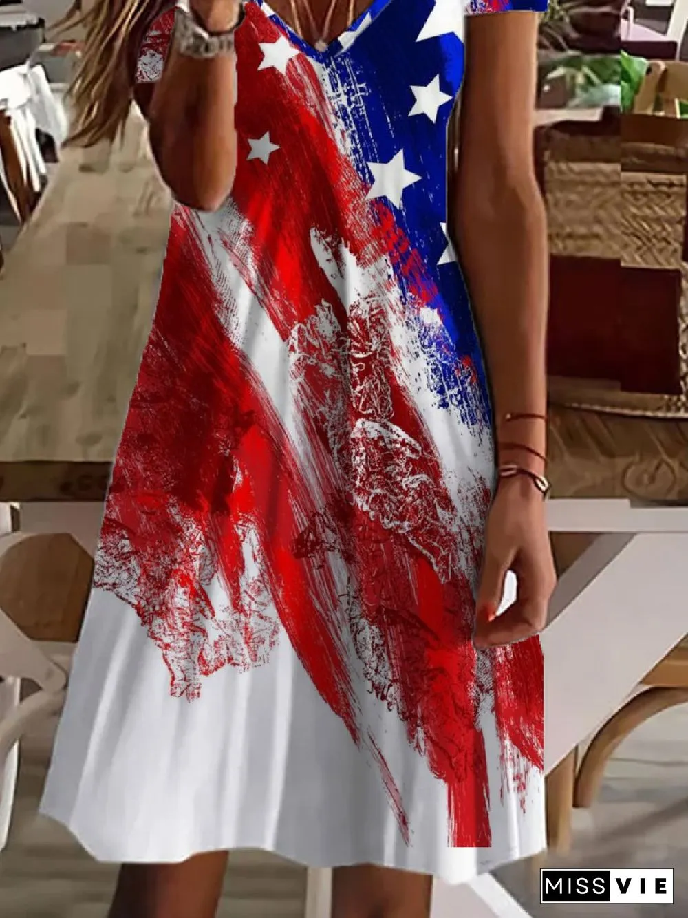 Casual Printed V neck Short Sleeve Knit Dress