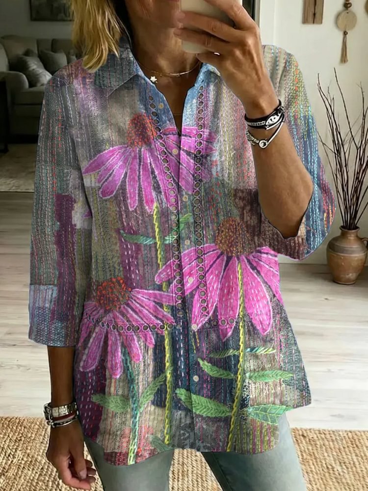 Women's Retro Floral Art Print Casual Lapel Cotton Shirt
