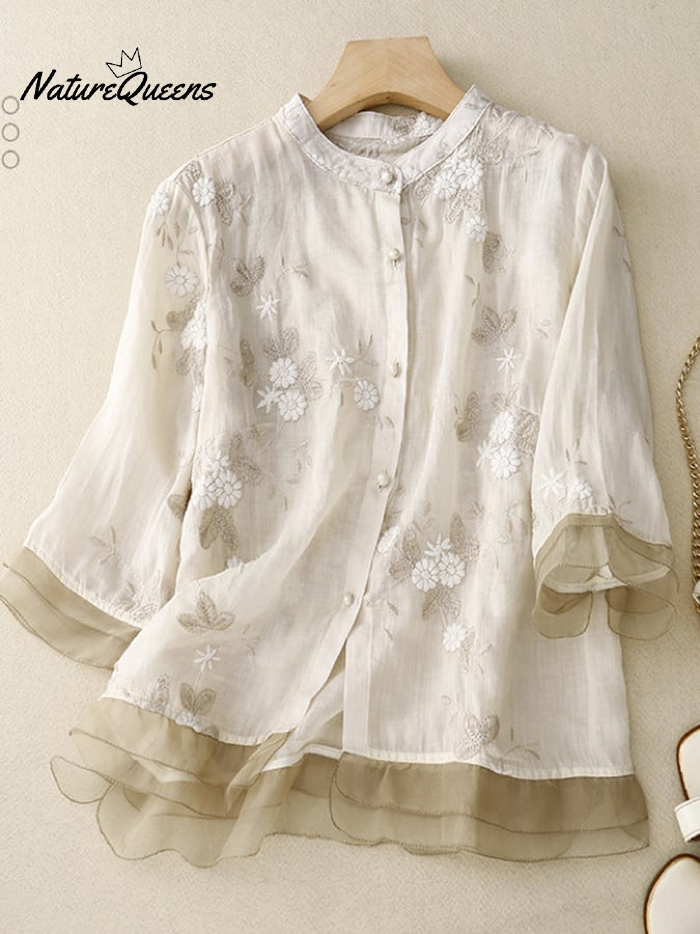 Art Retro Embroidery 3/4 Sleeve Patchwork Shirt mysite idetrend