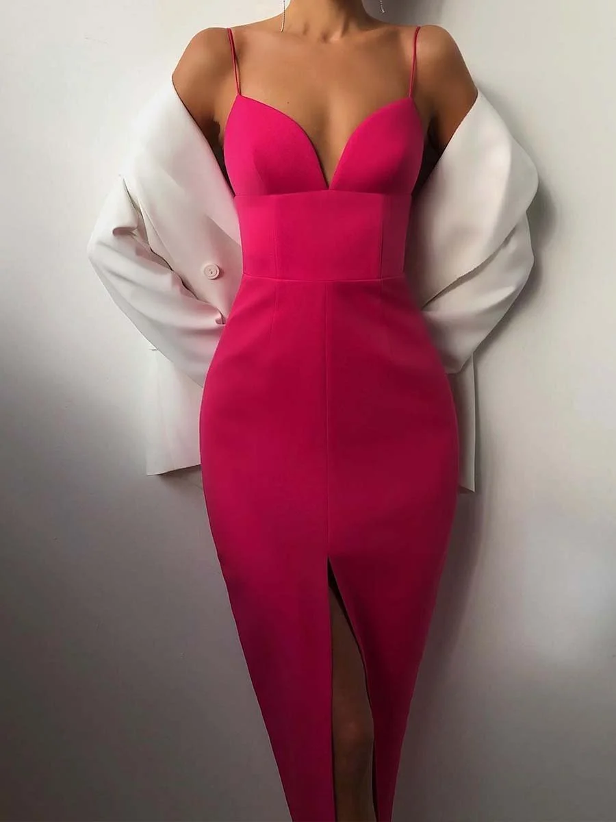 Fashion Sling Side Slit Tight-fitting Multi-color Mid-length Gown