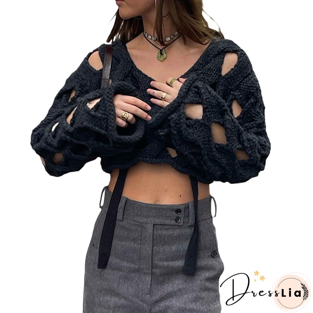 Hollow Out Sweater Y2k Aesthetic Women Long Sleeve Tops Grunge Aesthetic Clothes E Girl Pullovers Basic Clothing