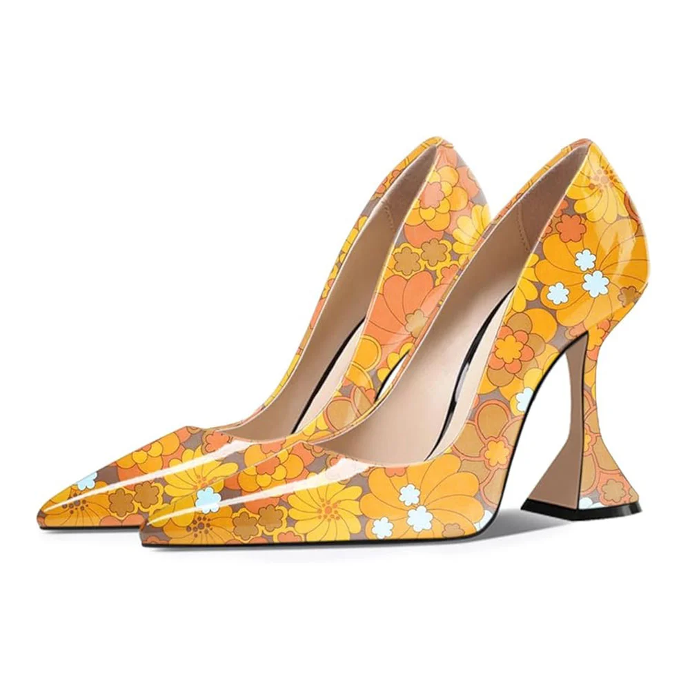 Colorful Floral Printed Patent Leather Pointed Pumps with Flared Heels