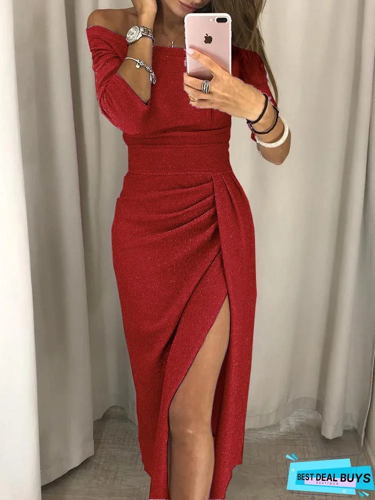 Glitter Ruched Thigh Slit Party Dress