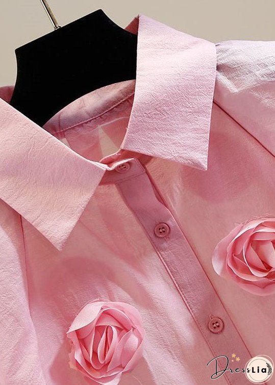 Pink Patchwork Tulle Blouses Peter Pan Collar Floral Decorated Summer
