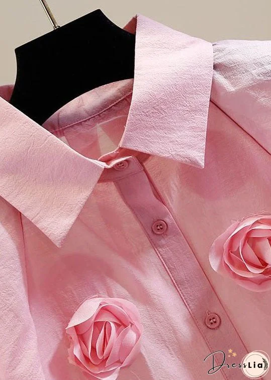 Pink Patchwork Tulle Blouses Peter Pan Collar Floral Decorated Summer