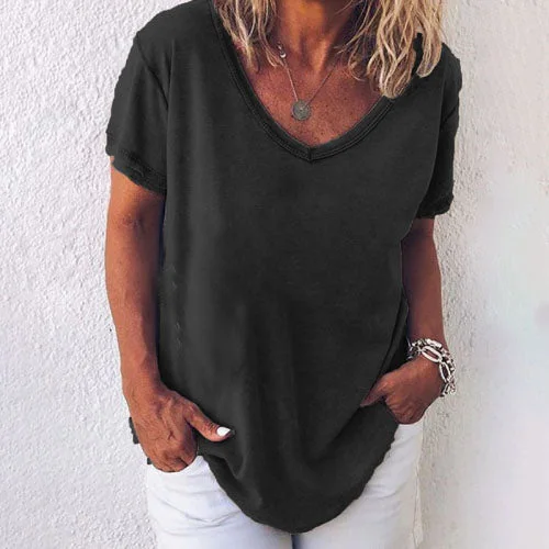 Solid color V-neck short-sleeved plus size women's T-shirt socialshop