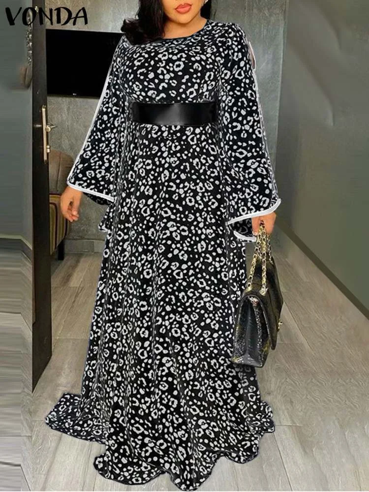 Women Leopard Printed Dress 2022 VONDA Sexy Flare Sleeve Round Neck Maxi Dress Holiday Party Formal Vestidos Oversized