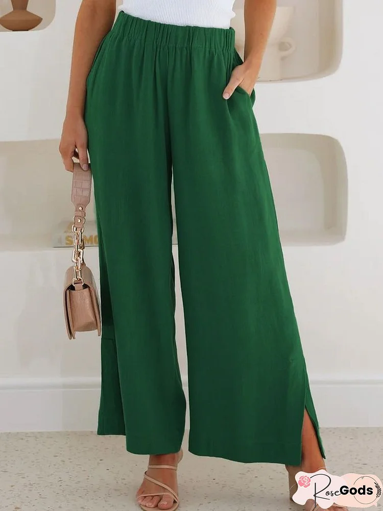 Casual Plain Cotton and Linen Elastic Belt Wide Leg Pants