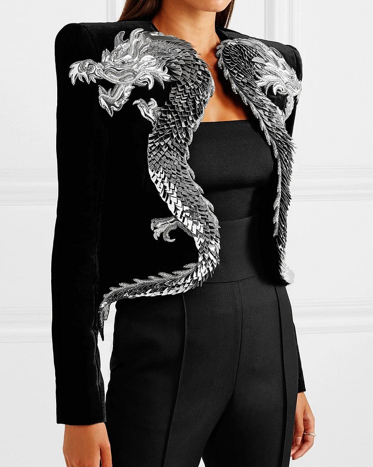 Women's Elegant Shiny Dragon Embroidered Short Jacket