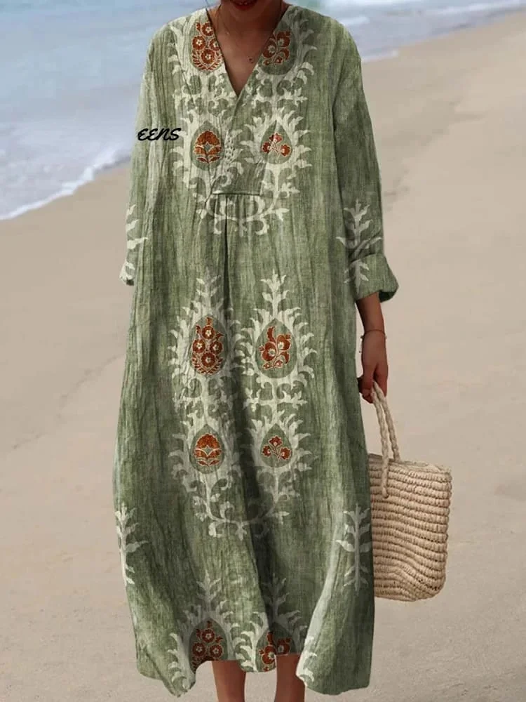 Women's Vintage Ethnic Floral Art Print Cotton Dress