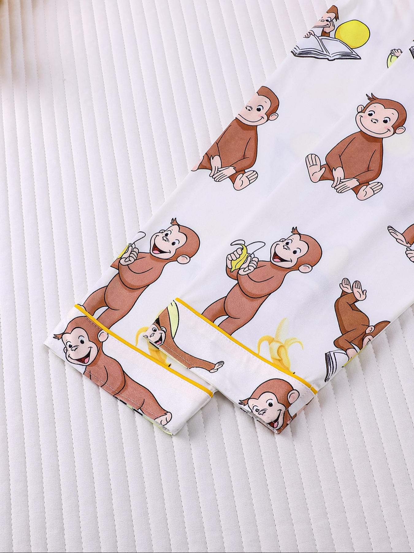 Women's Monkey Banana Print Pajama Set Pyjamas Pjs, Comfortable Fit Long Sleeve Button Shirt & Elastic Pants, Casual Everyday Home Wear Loungewear for All Seasons