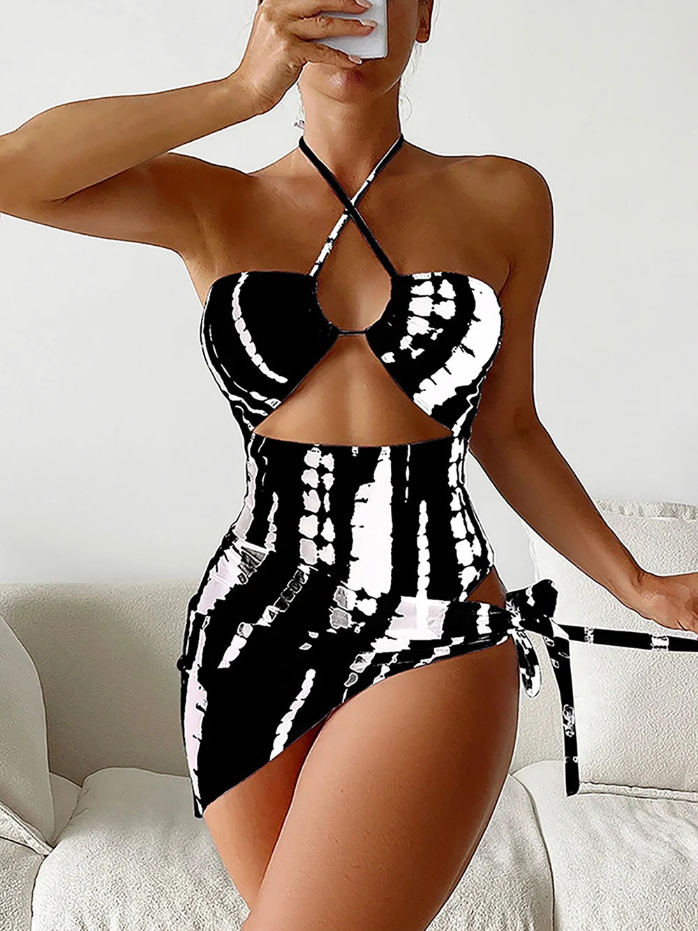 Mongw Mongw New Digital Print Lady Sexy Conjoined Hanging Neck Triangle Mesh Three-Piece Hollow-Out Swimsuit
