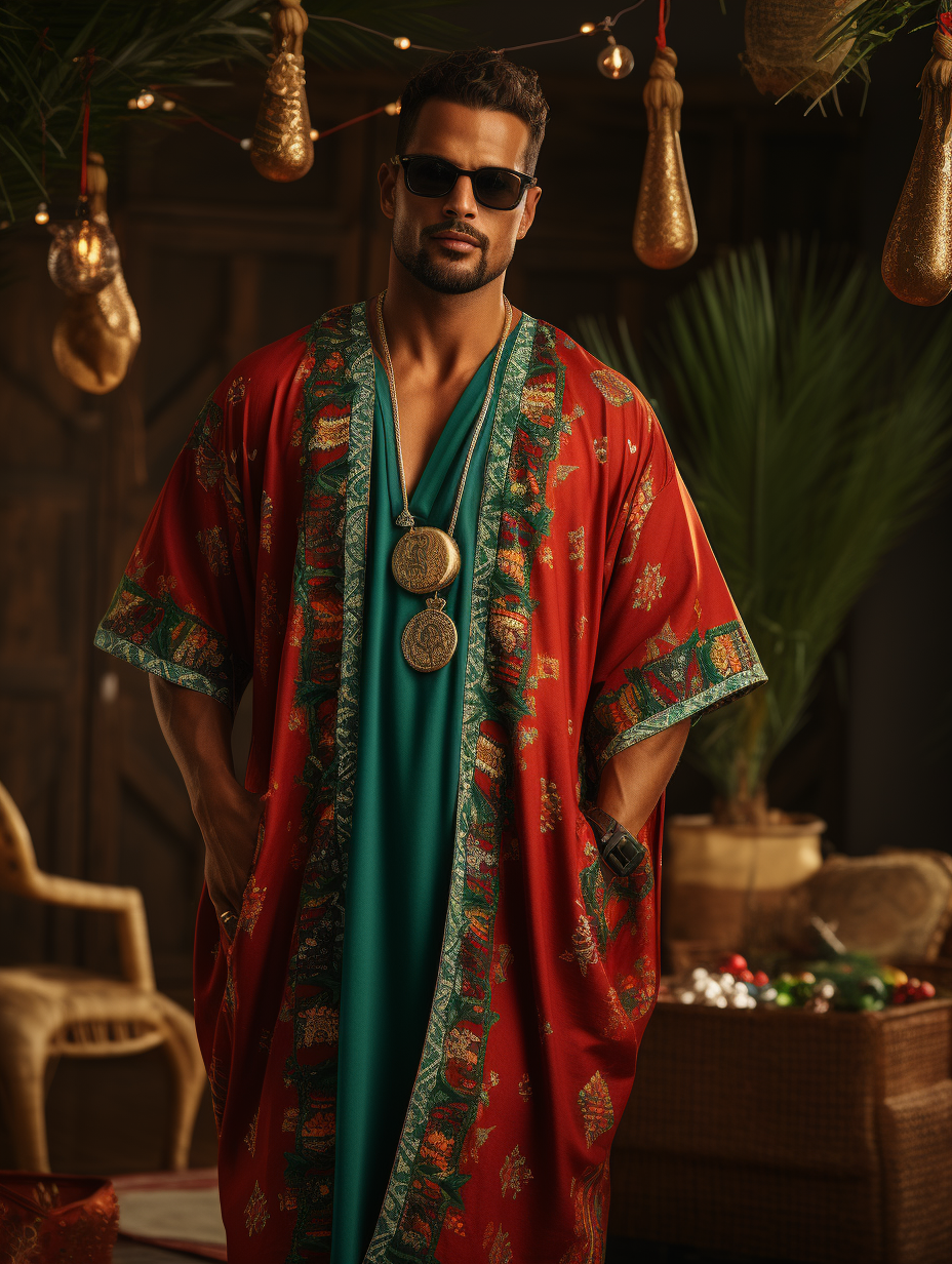 Green Red Chirsmas Pattern V-neck Men Kaftan Long Caftan
