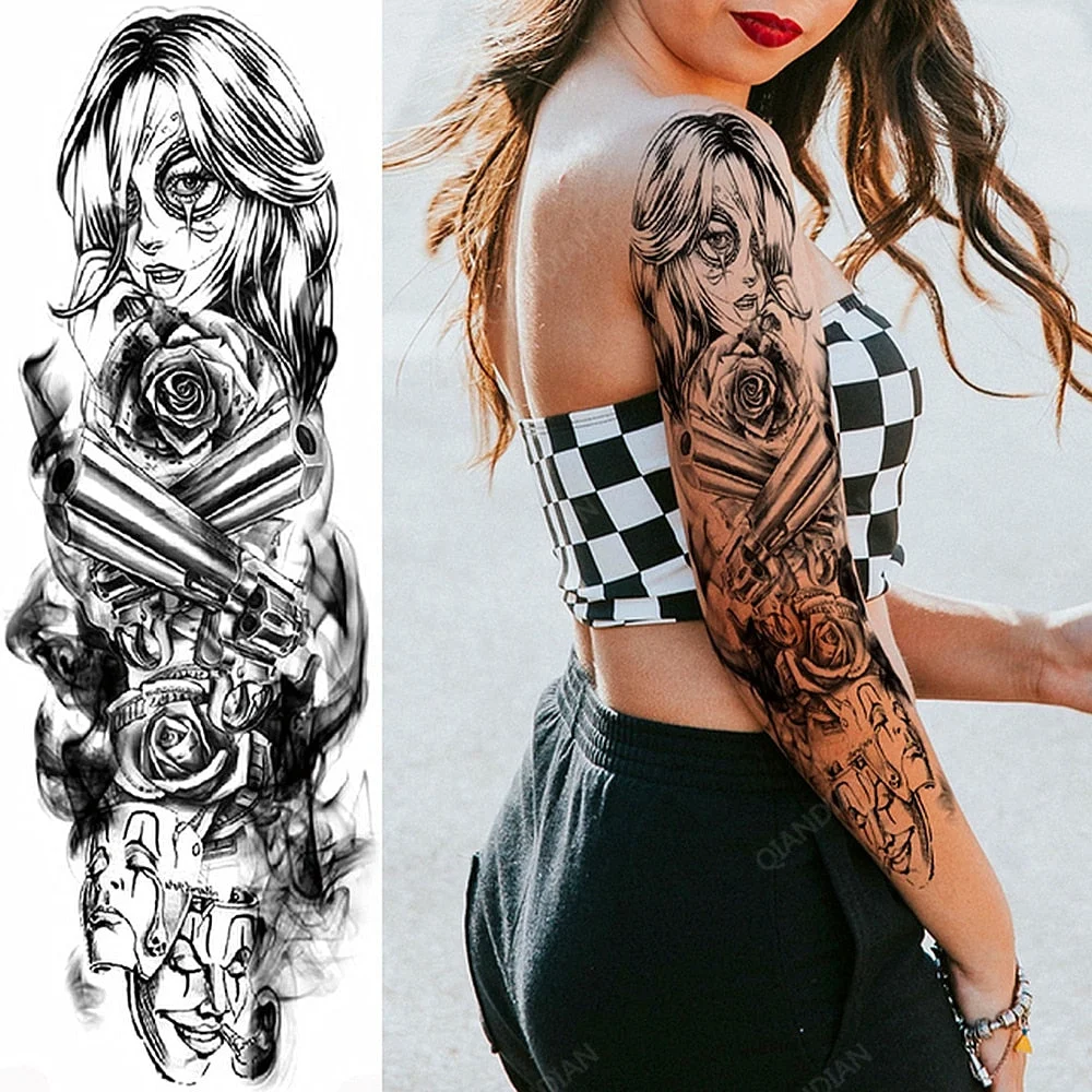 Large Arm Sleeve Tattoo Rose Lion Wolf Waterproof Temporary Tatto Sticker Flower Clock Waist Leg Body Art Full Fake Tatoo Women