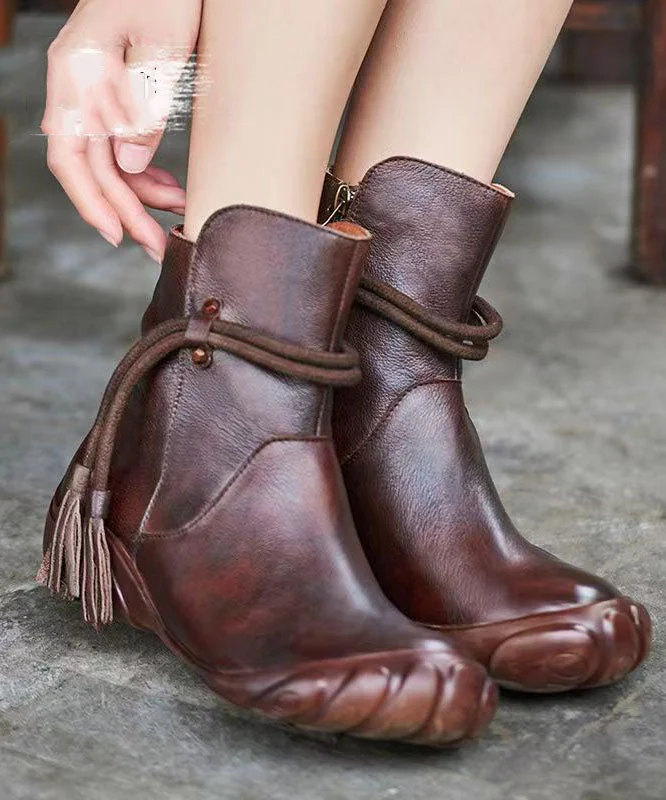 Simple Zippered Splicing Tassel Boots Brown Cowhide Leather